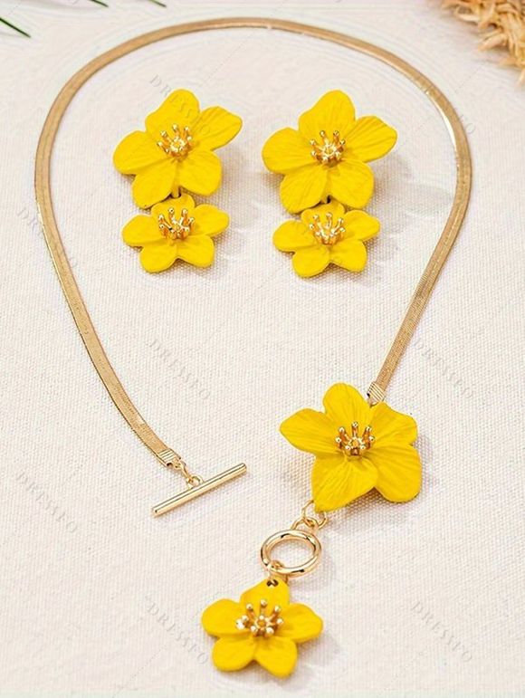 Parure Collier et Boucles D'Oreilles Tendance avec Pendentif Fleurs Éclatantes pour Vacances - Jaune 
