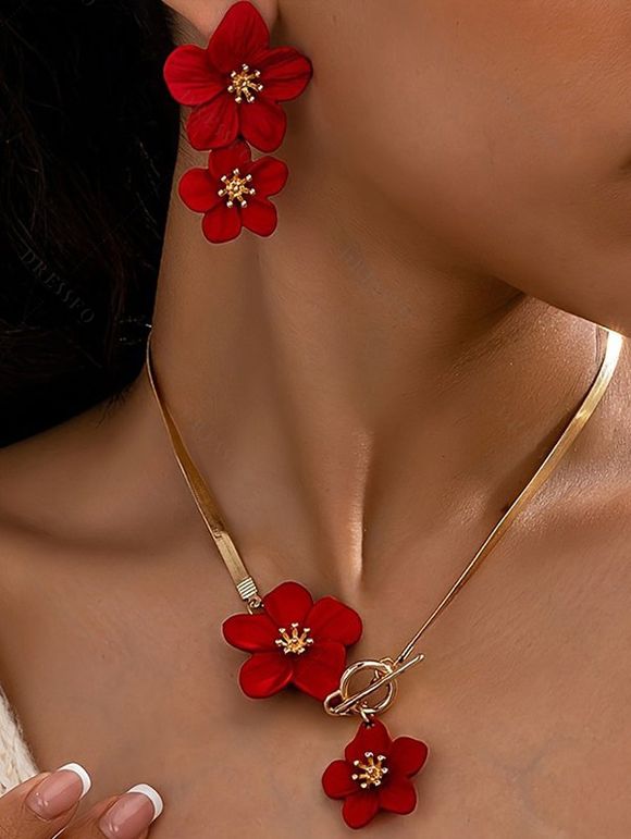 Parure Collier et Boucles D'Oreilles Tendance avec Pendentif Fleurs Éclatantes pour Vacances - Rouge 