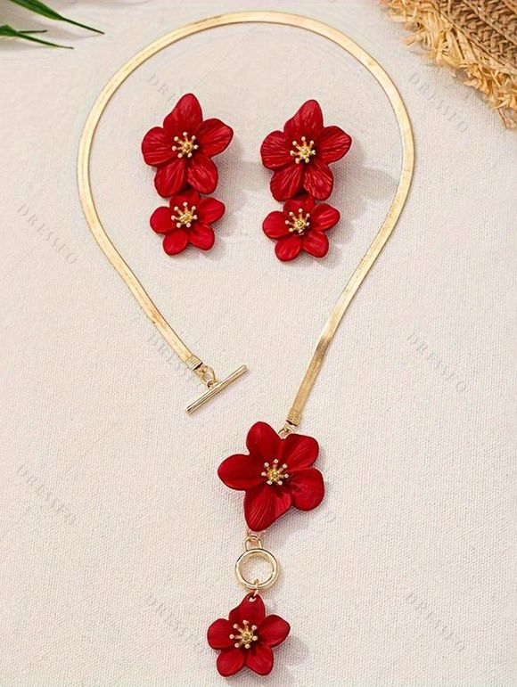 Parure Collier et Boucles D'Oreilles Tendance avec Pendentif Fleurs Éclatantes pour Vacances - Rouge 