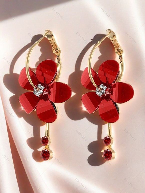 Accessoire Boucles D'Oreilles Pendantes de Vacances Tendances en Forme de Fleur en Strass pour Femmes - Rouge 