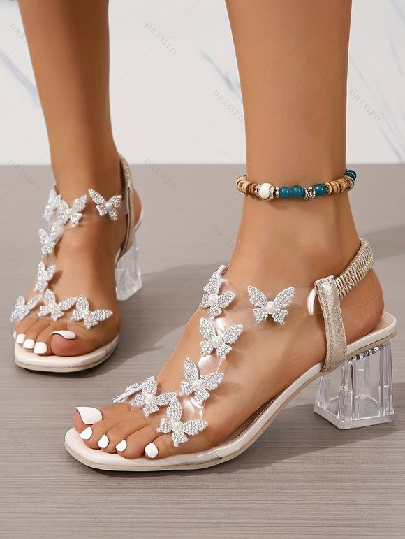 Rhinestone Butterfly Slip On Chunky Heel Open Square Toe Elegance Sandals Trendy Sandals - Blanc EU 42