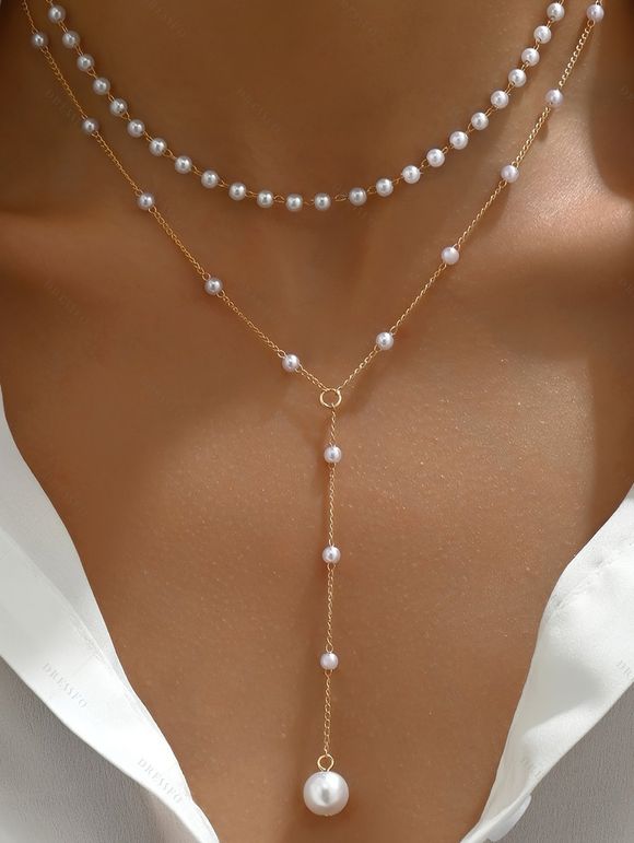 Collier Perlé Superposé avec Fausse Perle Elégante - Blanc 