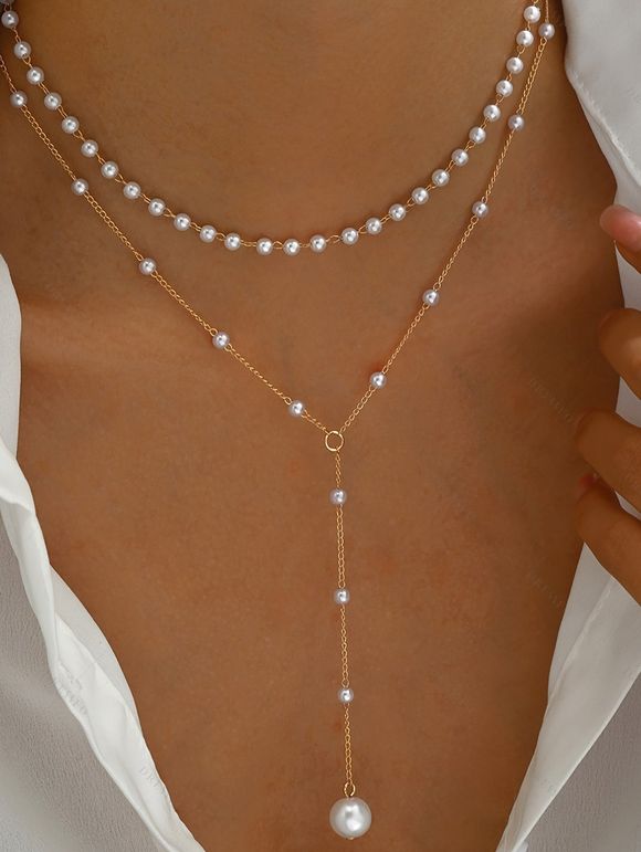 Collier Perlé Superposé avec Fausse Perle Elégante - Blanc 
