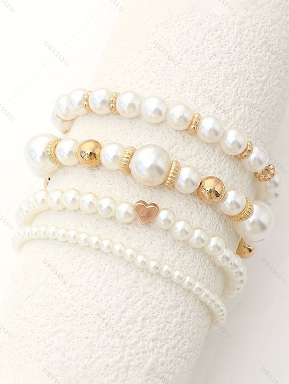 4 Pièces Bracelets Tissés en Forme de Cœur avec Perles Fantaisies pour Femmes - Blanc 