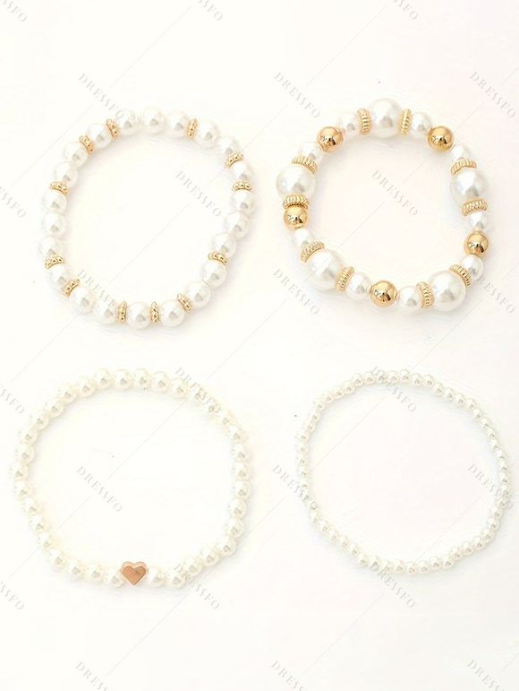 4 Pièces Bracelets Tissés en Forme de Cœur avec Perles Fantaisies pour Femmes - Blanc 