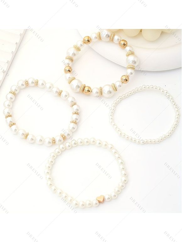4 Pièces Bracelets Tissés en Forme de Cœur avec Perles Fantaisies pour Femmes - Blanc 