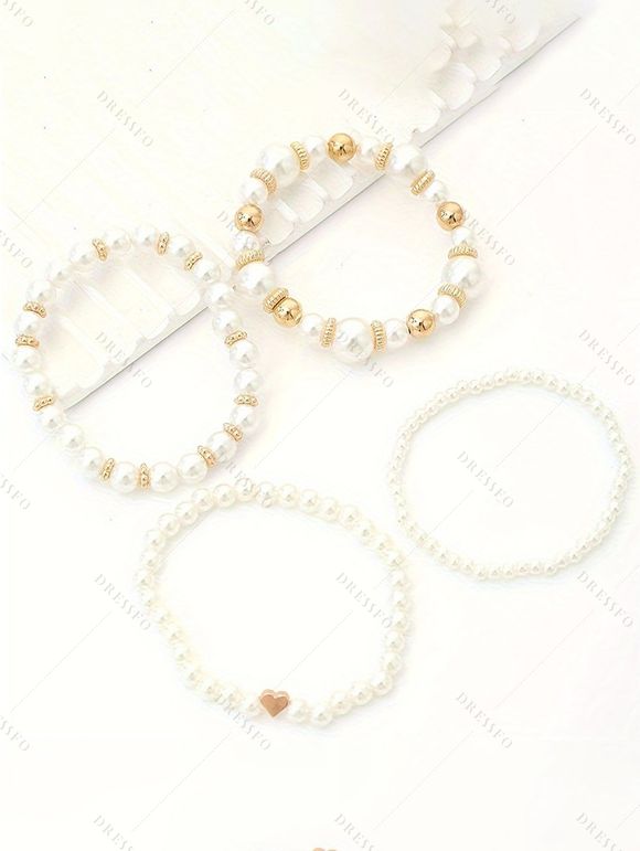 4 Pièces Bracelets Tissés en Forme de Cœur avec Perles Fantaisies pour Femmes - Blanc 