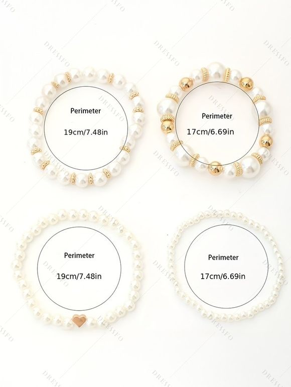 4 Pièces Bracelets Tissés en Forme de Cœur avec Perles Fantaisies pour Femmes - Blanc 