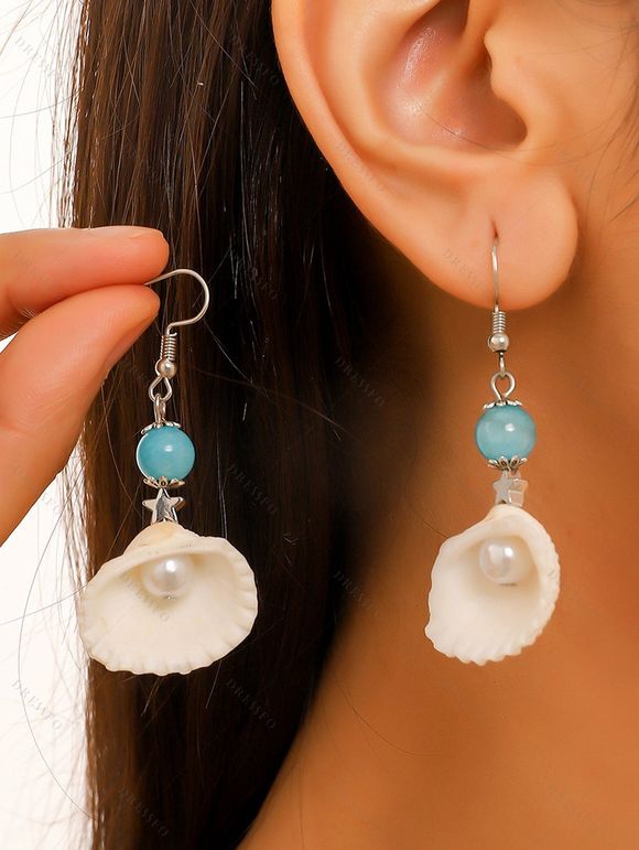 Boucles D'Oreilles Pendantes Motif Coquillage Etoile et Perle Fantaisie pour Vacances à la Plage - Blanc 