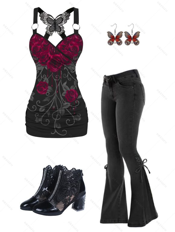 Gothic Outfit Rose Leaf Pattern Butterfly Lace Ruched Tank Top and Lace Up Flare Jeans and Earrings Crystal High Heeled Baotou Hollow Out Boots Trendy Outfit - Noir S | US 4