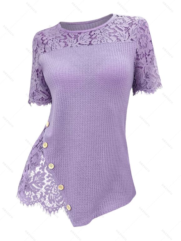 T-shirt Asymétrique en Tricot Fleuri Jointif Côtelé Manches Courtes à Col Rond - Violet clair XXL | US 14