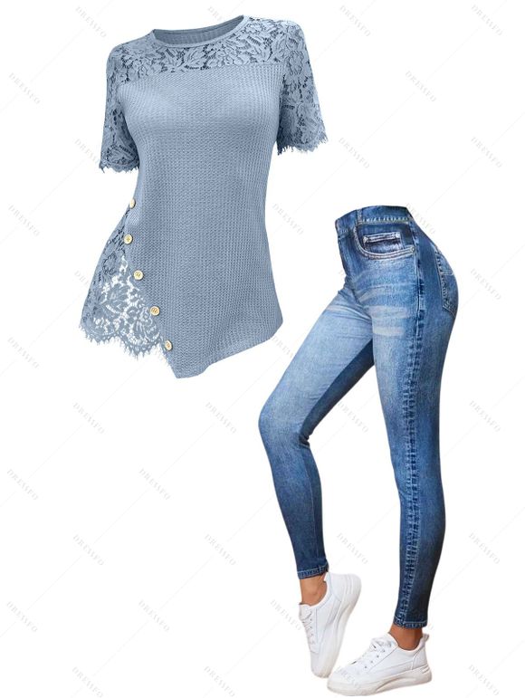 Floral Lace Patchwork Ribbed Mock Button Knit T Shirt and Faux Denim 3D Print Jeggings Outfit - Bleu clair S | US 4