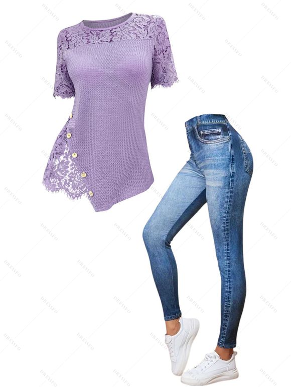 Floral Lace Patchwork Ribbed Mock Button Knit T Shirt and Faux Denim 3D Print Jeggings Outfit - Violet clair S | US 4