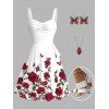 Rose Pattern Ruched Bust Belt A Line Dress and Butterfly Earrings Heart Rose Necklace Braid Chunky Heel Slip On Sandals Trendy Outfit - Blanc S | US 4