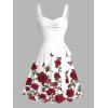 Rose Pattern Ruched Bust Belt A Line Dress and Butterfly Earrings Heart Rose Necklace Braid Chunky Heel Slip On Sandals Trendy Outfit - Blanc S | US 4