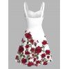 Rose Pattern Ruched Bust Belt A Line Dress and Butterfly Earrings Heart Rose Necklace Braid Chunky Heel Slip On Sandals Trendy Outfit - Blanc S | US 4