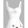 Rose Pattern Ruched Bust Belt A Line Dress and Butterfly Earrings Heart Rose Necklace Braid Chunky Heel Slip On Sandals Trendy Outfit - Blanc S | US 4