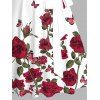 Rose Pattern Ruched Bust Belt A Line Dress and Butterfly Earrings Heart Rose Necklace Braid Chunky Heel Slip On Sandals Trendy Outfit - Blanc S | US 4