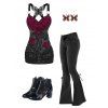 Gothic Outfit Rose Leaf Pattern Butterfly Lace Ruched Tank Top and Lace Up Flare Jeans and Earrings Crystal High Heeled Baotou Hollow Out Boots Trendy Outfit - Noir S | US 4