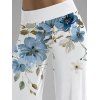 Pantalon Décontracté de Vacances Long à Taille Haute Élastique à Motif Floral et Feuilles - Bleu clair XXL | US 14