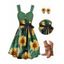 Vacation Outfit Sunflower Painting Pattern Ruched Bust Mock Button Belt A Line Dress and Earrings Beaded Flat Slip On Flip Flops Beach Outfit - Vert profond S | US 4