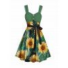 Vacation Outfit Sunflower Painting Pattern Ruched Bust Mock Button Belt A Line Dress and Earrings Beaded Flat Slip On Flip Flops Beach Outfit - Vert profond S | US 4