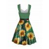 Vacation Outfit Sunflower Painting Pattern Ruched Bust Mock Button Belt A Line Dress and Earrings Beaded Flat Slip On Flip Flops Beach Outfit - Vert profond S | US 4