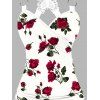 Rose Print Surplice Butterfly Lace Ruched Long Tank Top and Lace Up Flare Jeans and Drop Earrings Braid Square Toe Chunky Heels Sandals Trendy Outfit - Blanc S | US 4