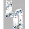 Vacation Outfit Leaf Floral Pattern Butterfly Lace Surplice Ruched Tank Top and High Waisted Wide Leg Pants Two Piece Set - Bleu clair S | US 4