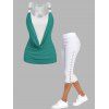 Contrast O Ring Cowl Neck Butterfly Back Faux Twinset Tank Top and Solid Color Lace Up Skinny Crop Pants Casual Outfit - Vert profond S | US 4