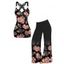 Vacation Outfit Allover Flower Leaf Print Butterfly Lace Surplice Ruched Long Tank Top and High Waisted Wide Leg Pants Casual Outfit - Noir S | US 4