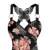 Vacation Outfit Allover Flower Leaf Print Butterfly Lace Surplice Ruched Long Tank Top and High Waisted Wide Leg Pants Casual Outfit - Noir S | US 4