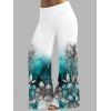 Vacation Outfit Ombre Flower Printed Surplice Butterfly Lace Ruched Long Tank Top and High Waisted Wide Leg Pants Casual Outfit - Blanc S | US 4