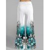 Vacation Outfit Ombre Flower Printed Surplice Butterfly Lace Ruched Long Tank Top and High Waisted Wide Leg Pants Casual Outfit - Blanc S | US 4