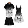 Vacation Couple Outfit Ombre Coconut Tree Print Spaghetti Strap A Line Tank Dress and Roll Up Sleeve Shirt Solid Color Drawstrings Beach Shorts Matching Outfit - Noir S | US 4