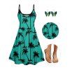 Vacation Outfit Palm Tree Print Spaghetti Strap V Neck Mini Dress and Glitter Sparkling Sequins Butterfly Earrings Beaded Slip On Sandals Casual Outfit - Vert profond S | US 4