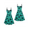 Vacation Outfit Palm Tree Print Spaghetti Strap V Neck Mini Dress and Glitter Sparkling Sequins Butterfly Earrings Beaded Slip On Sandals Casual Outfit - Vert profond S | US 4