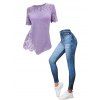 Floral Lace Patchwork Ribbed Mock Button Knit T Shirt and Faux Denim 3D Print Jeggings Outfit - Violet clair S | US 4