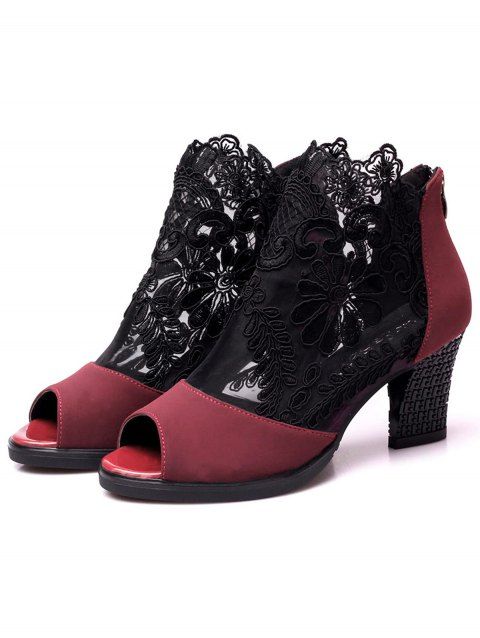 See Thru Mesh Embroidery Flower Leave Sandals Zipper Thick Heels Sandals