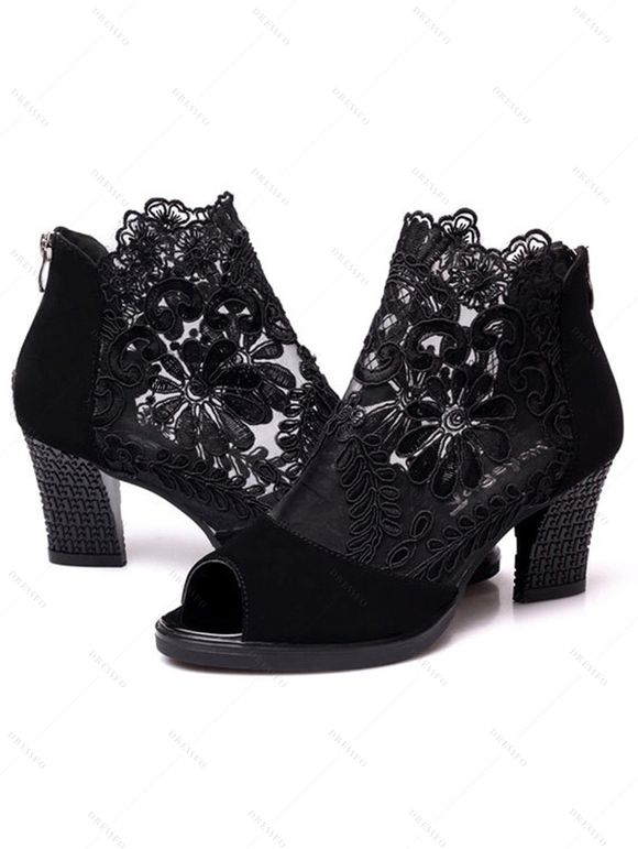 See Thru Mesh Embroidery Flower Leave Sandals Zipper Thick Heels Sandals - Noir EU 35