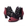See Thru Mesh Embroidery Flower Leave Sandals Zipper Thick Heels Sandals - Rouge EU 38