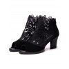 See Thru Mesh Embroidery Flower Leave Sandals Zipper Thick Heels Sandals - BLACK EU 36