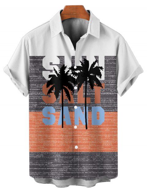 Chemise de Plage Lettre Motif de Palmier en Blocs de Couleurs à Manches Roulées pour Homme