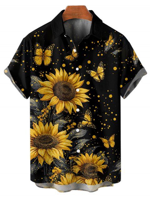 Chemise de Vacances Décontractée Boutonnée Motif de Tournesol à Pois à Manches Roulées pour Homme