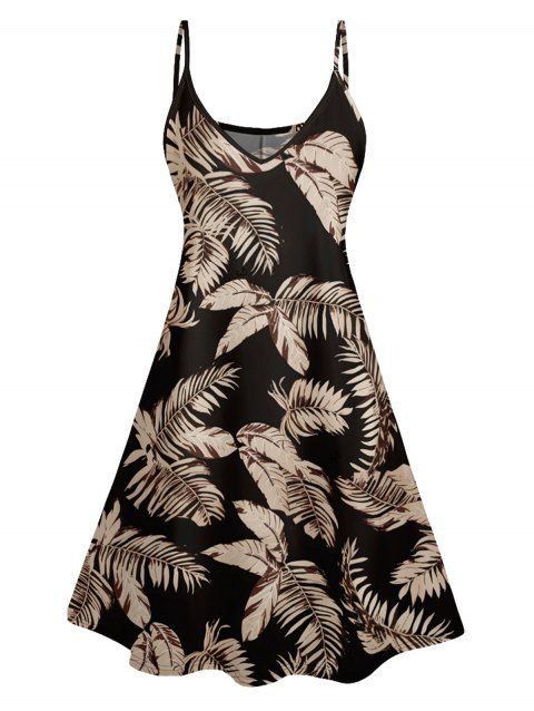 Allover Leaf Pattern Vacation Dress Spaghetti Strap A Line Casual Tank Dress