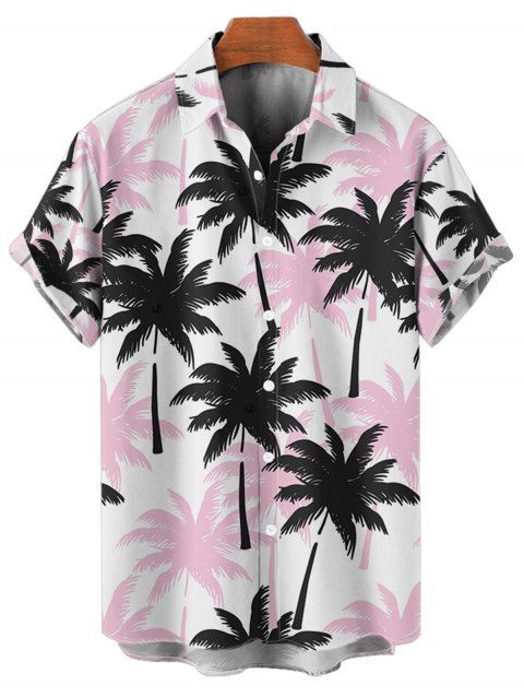 Men's Colorblock Coconut Tree Pattern Vacation Shirt Roll Up Sleeve Button Up Beach Shirt