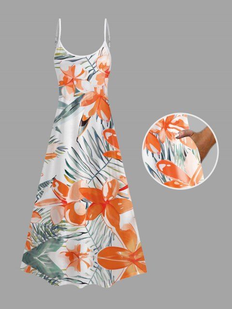Allover Tropical Leaf Flower Pattern Spaghetti Strap Pocket Vacation Dress A Line Long Beach Dress