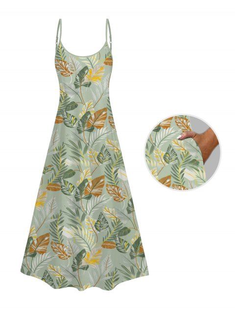 Allover Tropical Leaf Pattern Spaghetti Strap Pocket Vacation Dress A Line Long Hawaii Dress