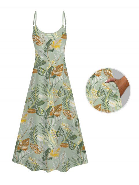 Robe de Vacances Longue à Bretelle Fine Motif de Feuille Tropicale