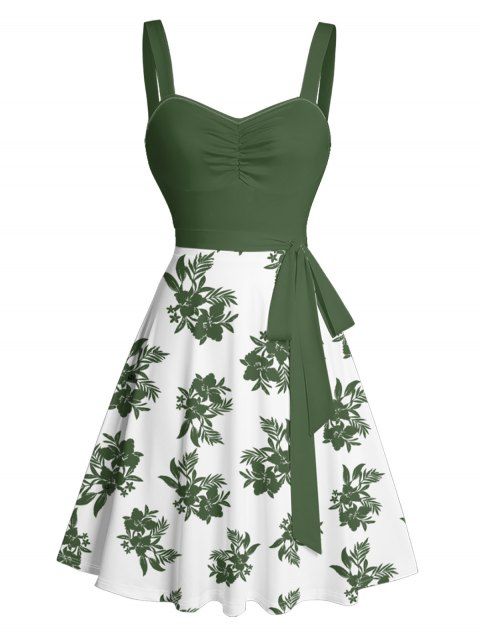 Contrast Color Floral Print Ruched Bust Belt Vintage Dress Sleeveless Sweetheart Neck A Line Vacation Dress